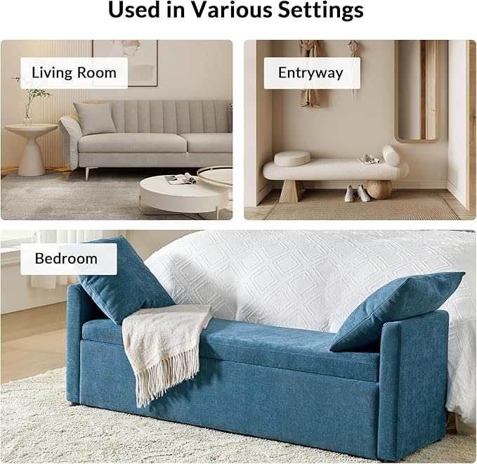 EcoHarbor Modern Storage Ottoman Bedroom Bench, End of Bed Bench with Throw Pillows and Arms, Footrest Stool for Living, Dining Room, Entryway and Hallway(Teal 59.4inch)
