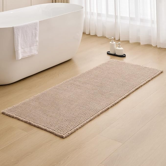 ILANGO Upgraded Waffle Bathroom Runner Rugs,Super Absorbent Boho Non Slip Bathroom Mats Quick Dry,Ultra Soft Machine Washable Mat with Tassels for Hallway,24x72,Khaki
