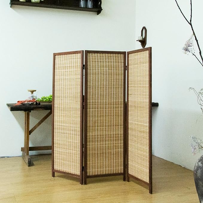 3 Panel Short Room Divider – 3.9 ft Tall Double-Side Folding Privacy Screen, Natural Brown Bamboo Partition Wall for Home Office, Living Room & Corner Spaces
