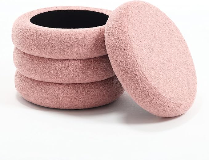 ONEVOG Sherpa Storage Ottoman, Foot Rest Stool Seat for Living Room, Pink Vanity Foot Pouf, Tufted Footstool with Removable Lid for Dorm, Bedroom