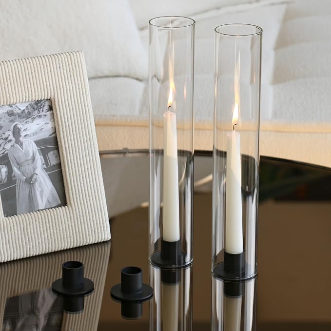 Vixdonos Glass Hurricane Candle Holder with Metal Candle Stand Set of 6 Modern Taper Candlestick Holders 11.8 inch Tall Candleholder for Wedding Party Table Centerpiece Outdoor