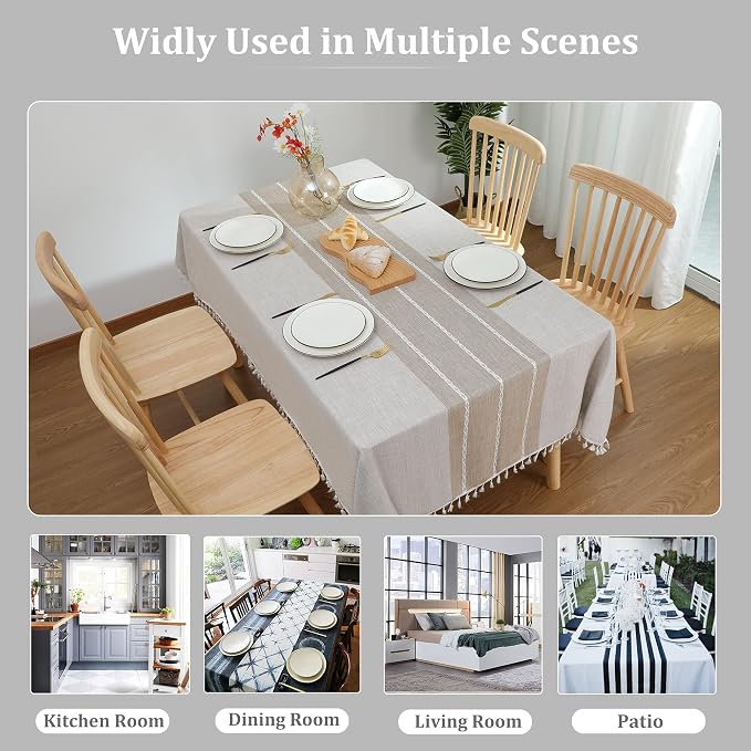 JIALE Tablecloths for Rectangle Tables, Cotton Linen Table Cloth Waterproof Tablecloth Wrinkle Free Farmhouse Dining Tables Cover, Soft Fabric Table Cloths with Tassels, Brown, 55" X 86", 6-8 Seats