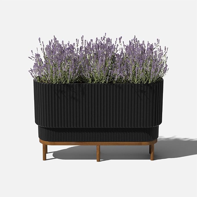 Veradek Demi Series Raised Long Planter for Indoor/Outdoor Use | Made from Plastic & Stone w/Wooden Stand | Modern Patio Décor for Flowers/Shrubs