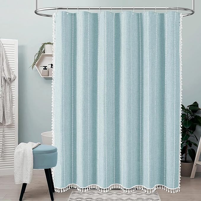 BTTN Stall Fabric Shower Curtain - 54x78 Boho Striped Linen Heavy Duty Tassel Shower Curtain Set with 10 Hooks, Narrow Rustic Modern Farmhouse Bohemian Cloth Shower Curtains for Bathroom - Fog Blue
