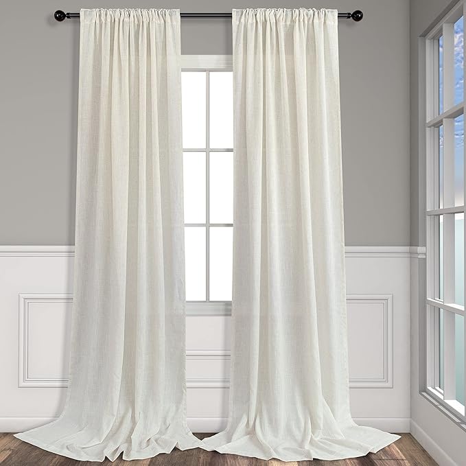 Natural Linen Curtains 108 Inches Long for Living Room 2 Panels Set Loop Pocket Back Tab Draperies Neutral Earth Tone Soft Cotton Textured Semi Sheer Linen Curtains for Large Window Vertical 9 FT Tall