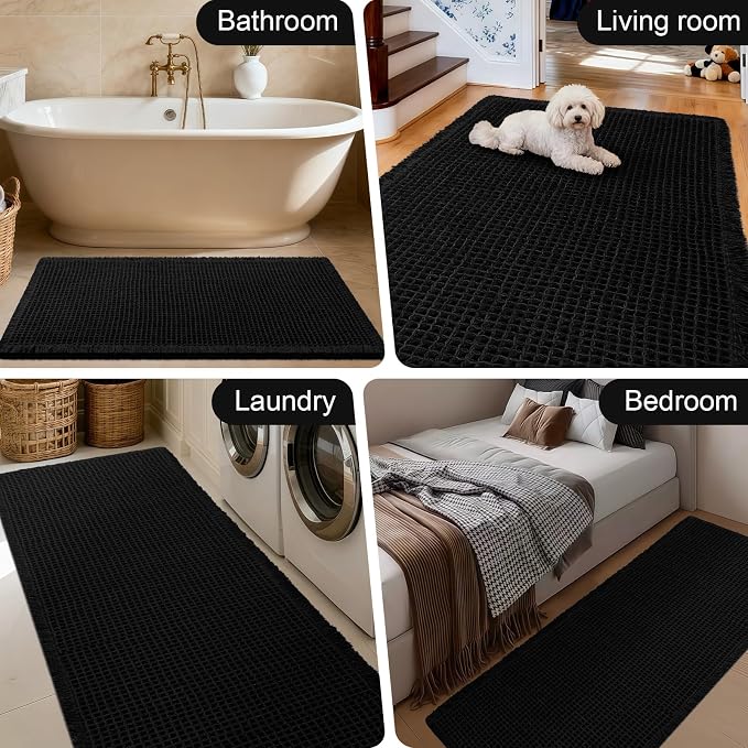 Upgraded Waffle Bath Mat Set 2 Piece Black, Super Absorbent Non-Slip Quick Dry Bathroom Rugs with Tassels, Machine Washable Ultra Soft Boho Bath Rugs for Floor, Toilet Mats Boho Farmhouse Decor