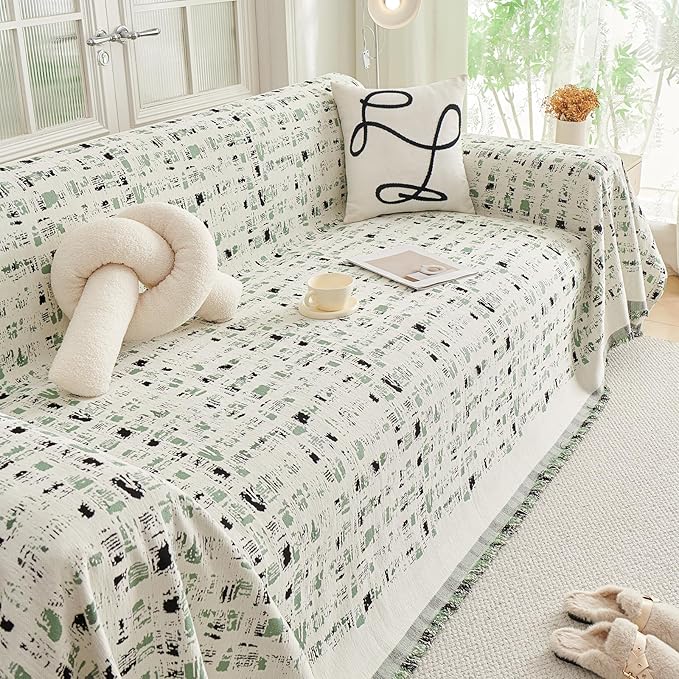 DREAMINGO Abstract Chenille Couch Cover Blanket Beige Green Black Boho Sofa Cover, Washable Furniture Protector, Universal Slipcover for Couch, Geometric Brushstroke Jacquard, Large 71"x118"