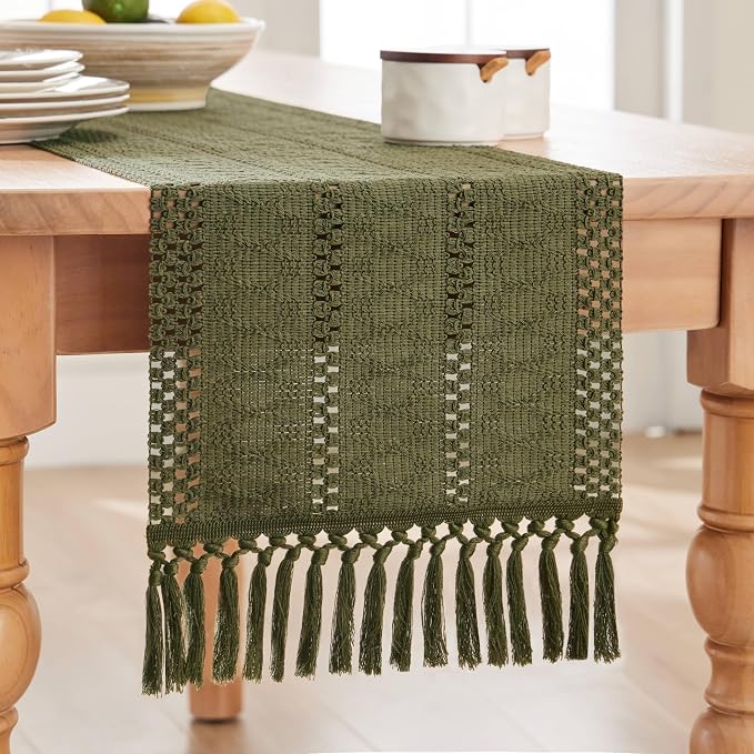 ZeeMart Macrame Style Boho Table Runner, Moss Green Table Runners 60 Inches Long, Farmhouse Woven Home Decor, 12x60 Inch, Moss