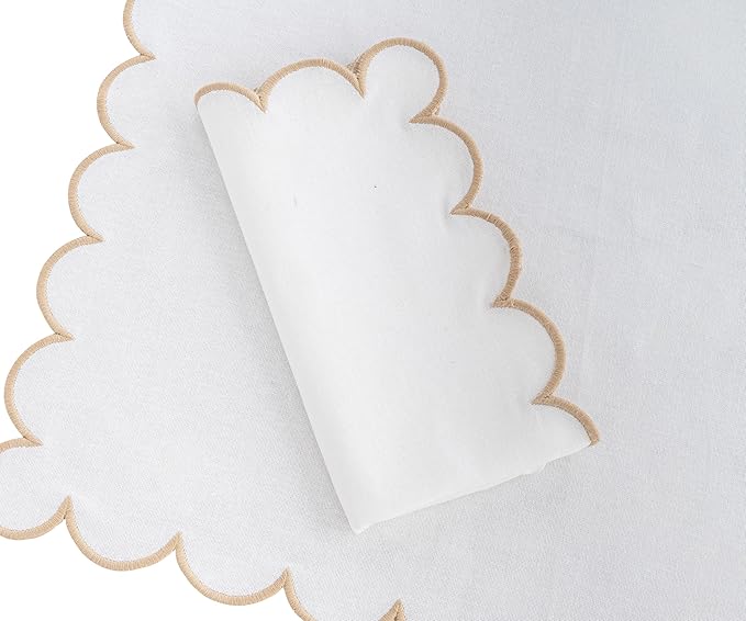 Beige and White Cotton Napkins, White Napkins, 100% Cotton Scalloped Embroidery Dinner Napkin Set of 4, Beige Trim Washable Napkin for Wedding, Dinner & Home Décor 18x18