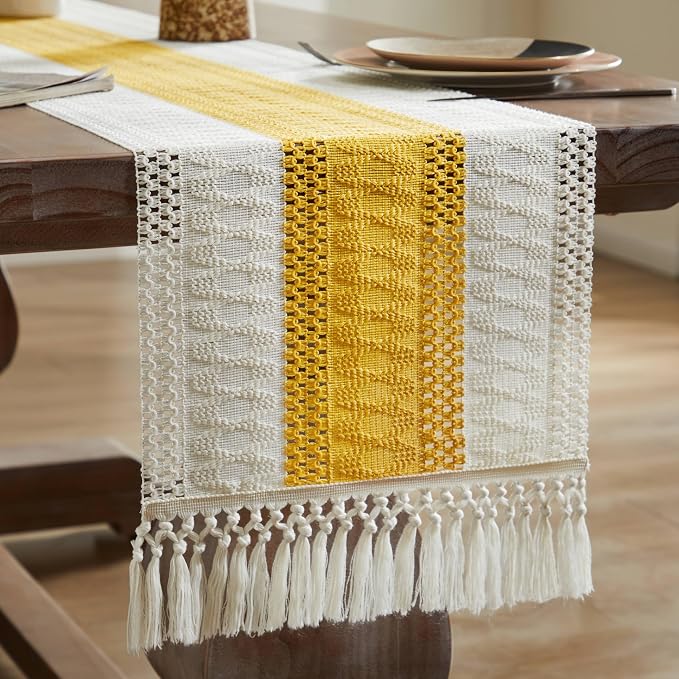 ZeeMart Macrame Style Bicolor Stitching Table Runner, 14 x 90 Inch Mustard/Ivory, Boho Yellow Table Runners 90 Inches Long, Farmhouse Woven Home Decor