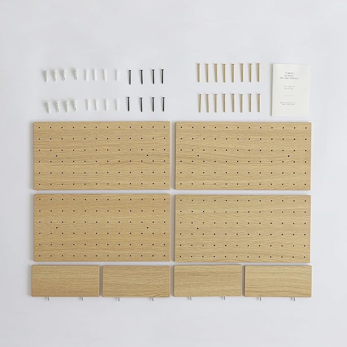 Pegboard Wall Organizer,4 Pack Large Peg Board with Shelves & Brass Hooks, Modular DIY Storage Panel for Entryway, Craft Room - Heavy Duty Display Board for Hats, KeysโOak Color Finish
