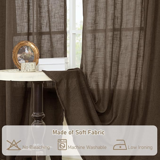 LAMIT 40 Inch Linen Curtains for Kitchen Windows, Semi Sheer Light Filtering Panels Bronze Grommet Neutral Drapes for Bathroom/Cafe, 2 Panels Set, Dark Brown, 34 x 40 Inch