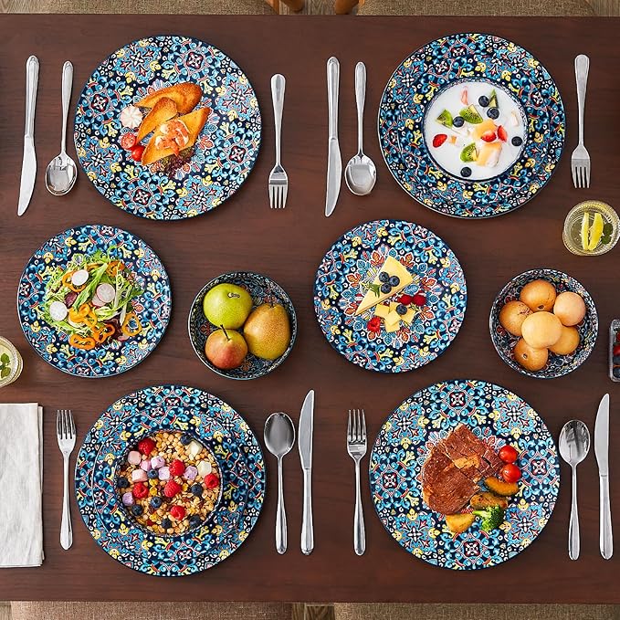 vancasso 12 Pieces Dinnerware Sets, Red Plates and Bowls Set, Porcelain Dishes Set for 4, Microwave and Dishwasher Safe, Scratch Resistant, Bohemian Style Dining Ware Service for 4, Series SIMI