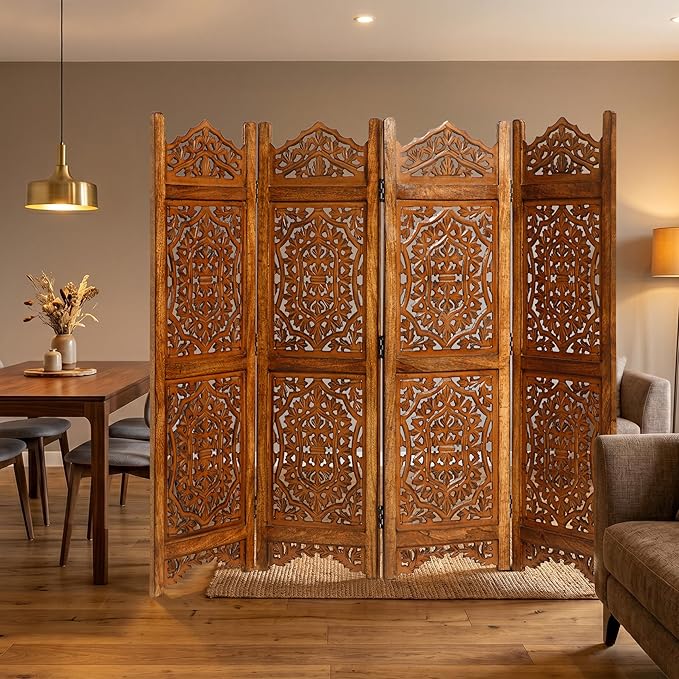 Lightnpro 4 Panel Royal Octagon Wooden Room Divider 64"(W) x 48"(H) Handmade Heart Design Partition, Intricately Carved, Hinged & Foldable, Pre-Assembled Privacy Screen Burnt Finish