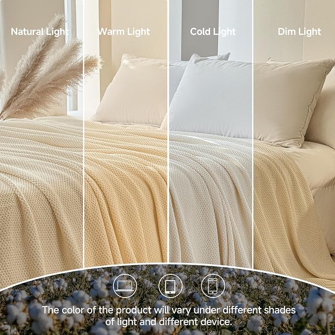 Simple&Opulence 100% Cotton Blanket Queen Size, Solid Color Cable Knitted Blanket Super Soft Comfortable Breathable Decorative Farmhouse for Couch Sofa Bed, All Season Use(White,90x90)
