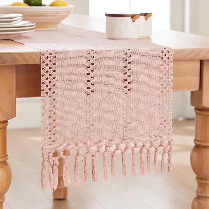 ZeeMart Macrame Style Boho Table Runner, Pink Table Runners 36 Inches Long, Farmhouse Woven Home Decor, 12x36 Inch, Light Pink