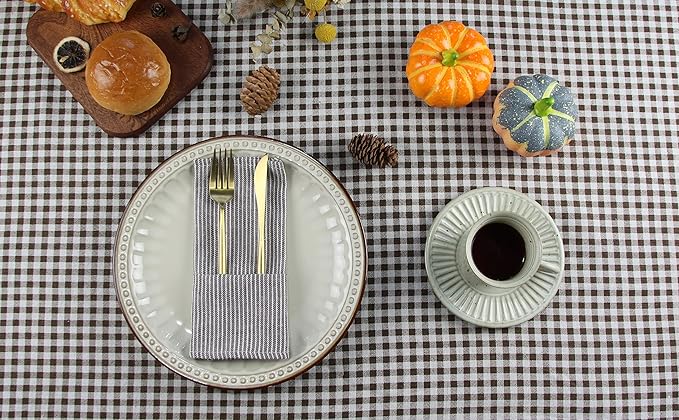 Narrow Striped Cotton Linen Blended Dinner Cloth Napkins - Set of 12 (40 x 30 cm) - for Events & Home Use (Brown)