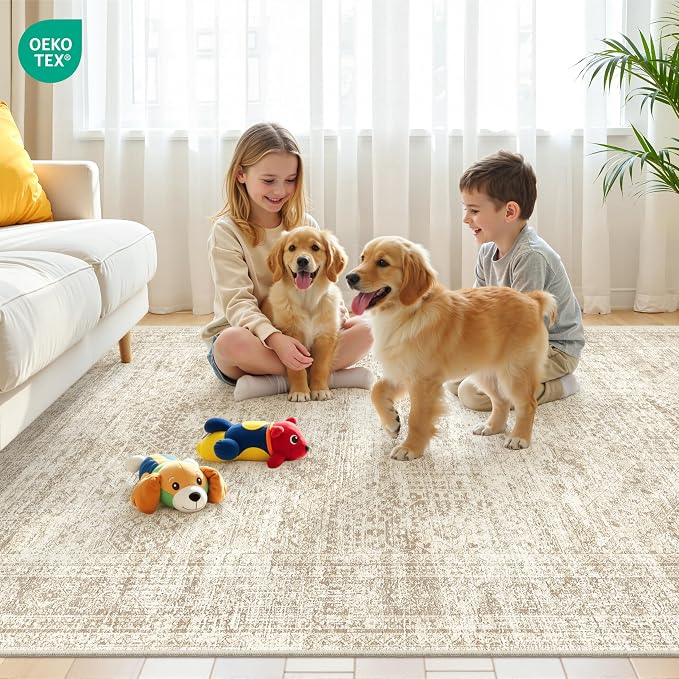 Area Rugs 4x6 for Living Room, Non-Slip Backing Small Kids Rugs for Bedroom, Vintage Abstract Rug Home Decor, Low Pile Soft Washable Rug for Kitchen, Dining Room (4'x6', Beige/Ivory)