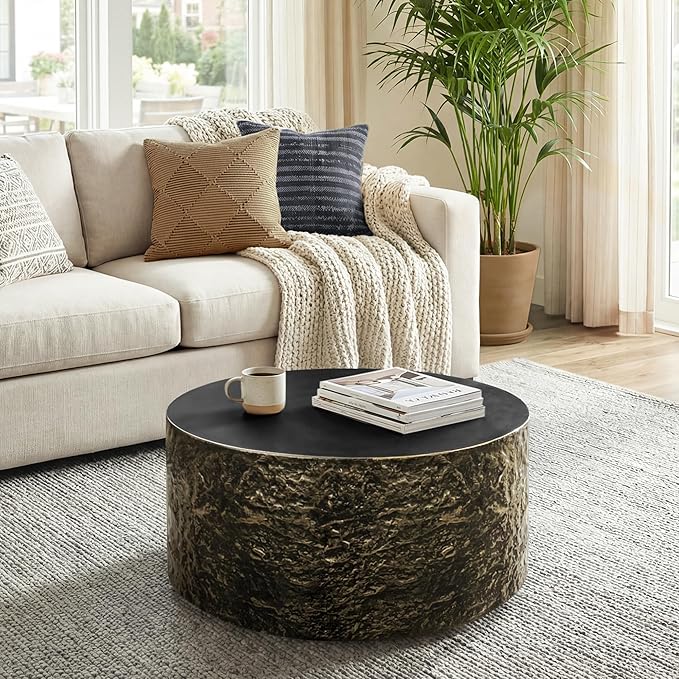 UPHA 28" Round Outdoor Coffee Table, Modern Hollow Concrete Patio Table, Small Minimalist Low Accent Table for Living Room, Balcony, Deck, Backyard, Bronze