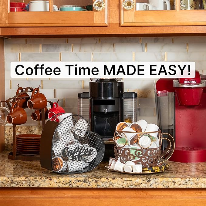 Made Easy Kit Coffee Pod Basket Organizer Practical Decoration - Compatible with Keurig K-Cup Pods & Capsules - Home Cafe Bar Decor Useful Kitchen Countertop Freestanding (Heart)