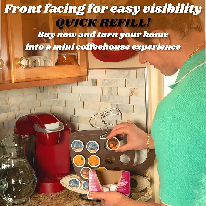 Made Easy Kit Front Facing Countertop Coffee Pods Holder - Compatible with K-Cups Practical meets Whimsical - Coffee Bar Decor for Home Café Kitchen Nook (Brown Coffee Cup)