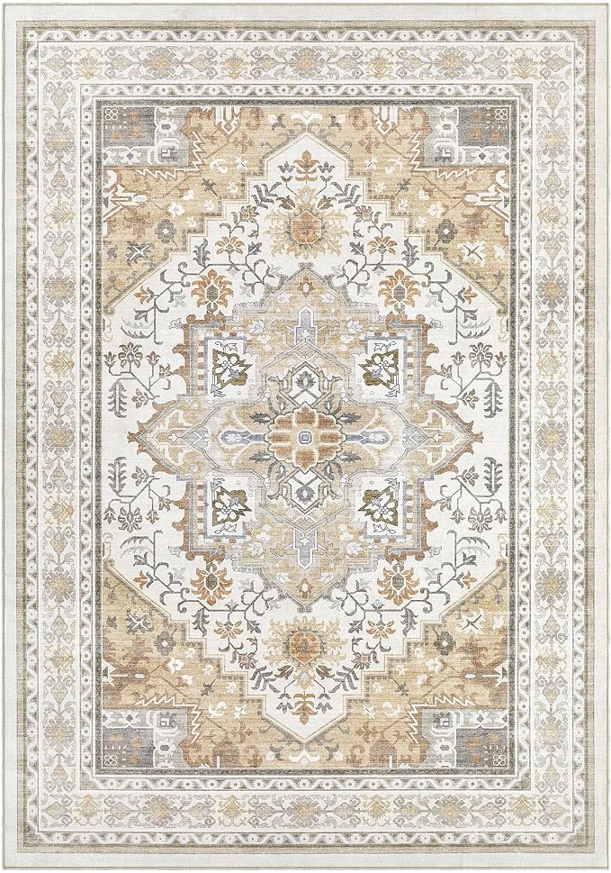 UERMEI 8x10 Area Rug for Living Room - Washable Vintage Carpet, Non-Slip Soft Large Indoor Floor Rugs for Bedroom Home Office & Under Dining Table Decor, Brown Beige