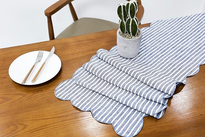 100% Natural Linen Rustic Scalloped Embroidery Table Runner 36 Inches, Linen Table Runner 14 x 36 Inch Ideal for Dresser and Dining Tables Decor, 1-2 Sets, Blue Stripe(Edges-Blue)