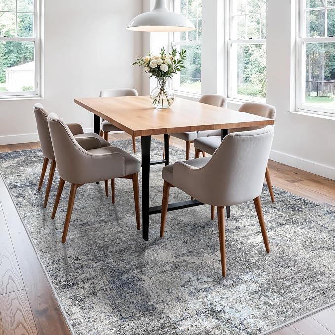 6x9 Washable Living Room Rug – Modern Neutral Abstract Large Indoor Area Rug for Bedroom Dining Room – Non-Slip, Soft, Low-Pile, Thin, Stain-Resistant Indoor Carpet(Blue Grey,6x9)