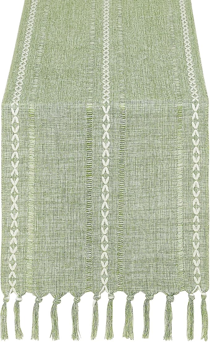 Rustic Farmhouse Style Linen Table Runner, Boho Handmade Tassel Embroidered Small Table Runners 48 Inches Long for Holiday Party, Christmas and Dining Decorations, 13 inchW X 48 inchL - Sage Green