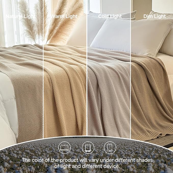 Simple&Opulence 100% Cotton Blanket Queen Size, Solid Color Cable Knitted Blanket Super Soft Comfortable Breathable Decorative Farmhouse for Couch Sofa Bed, All Season Use(Light Khaki,90x90)
