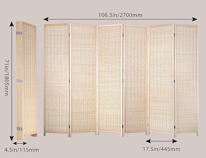 6 Panel Bamboo Room Divider 6 Ft Tall 8.8 Ft Wide Room Dividers and Folding Privacy Screens Privacy Wall Divider Folding Room Partitions and Dividers, Portable and Lightweight Separadores De Cuartos