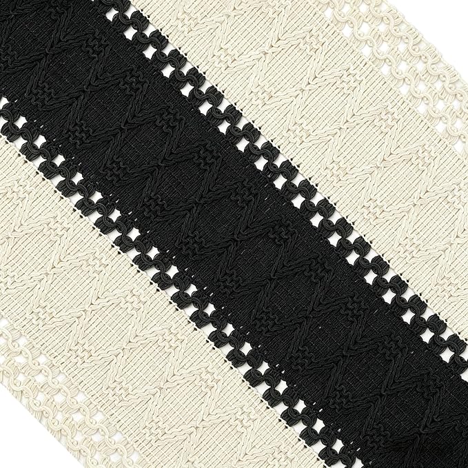 Boho Table Runner for Home Decor with Tassels 72 Inches Long , Farmhouse Rustic Black Table Runners for Bohemian Kitchen Dining Table(12x72in)