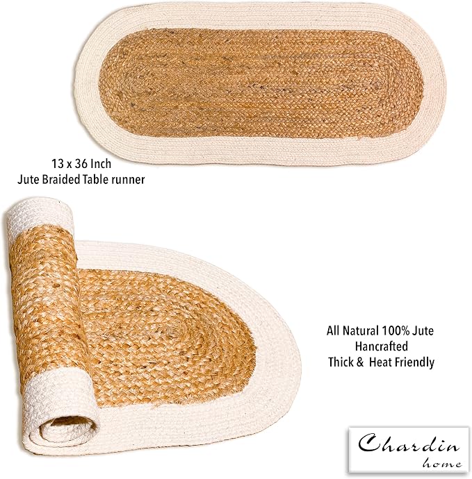 CHARDIN HOME Verona Oval Woven Jute & Cotton Braided Table Runner, Size -13 x 36 Inches, Color - Natural Jute with Ivory Border
