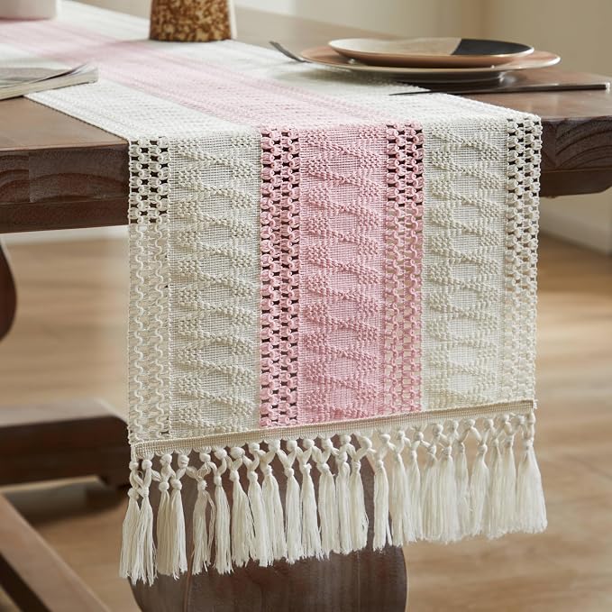 ZeeMart Macrame Style Bicolor Stitching Table Runner, 14 x 72 Inch Light Pink/Ivory, Boho Pink Table Runners 72 Inches Long, Farmhouse Woven Home Decor