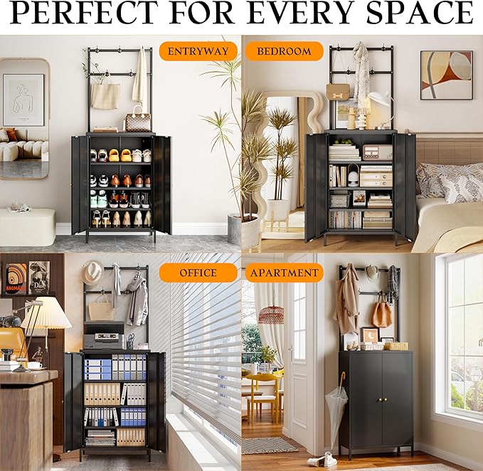 Hall Tree, 72” Shoe Cabinet with Rack, 2-Door Metal Shoe Organizer with 3 Adjustable Shelves & 5 Hooks, Farmhouse Hallway Cabinet for Shoes, Hats, and Home Storage, Black