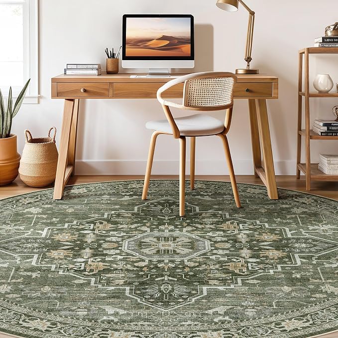 Round Rug Living Room Rugs: 8x8 Washable Boho Neutral Large Circle Soft Indoor Floral Stain Resistant Floor Farmhouse Carpet for Bedroom Nursery Kids Playroom Office Dining Room- Dark Green
