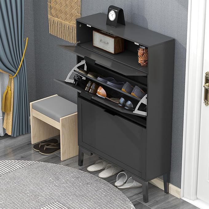 TaoHFE Modern Shoe Cabinet for Entryway - Black Wooden Hidden Shoe Cabinet - Narrow Free Standing 3 Tier Rack