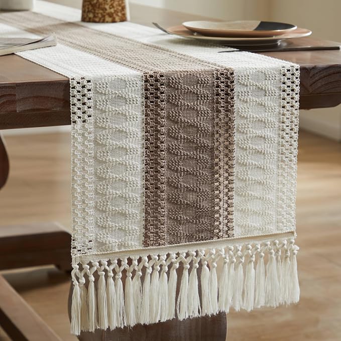 ZeeMart Macrame Style Bicolor Stitching Table Runner, 14 x 60 Inch Cocoa Brown/Ivory, Boho Brown Table Runners 60 Inches Long, Farmhouse Woven Home Decor
