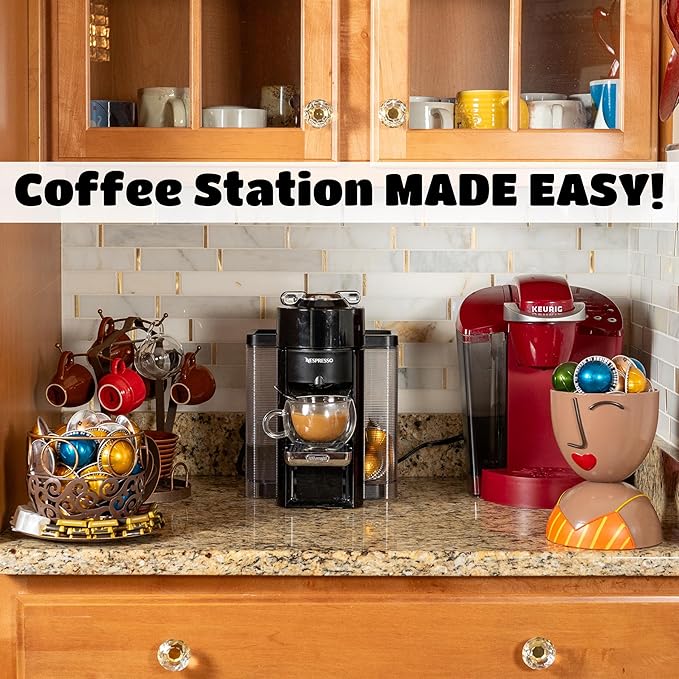 Made Easy Kit Coffee Pod Organizer Compatible with Nespresso Vertuo and Original - Countertop Sculpture Holder Basket Style for Café Bar, Corner Station Office Break Area (Red Black Polka)