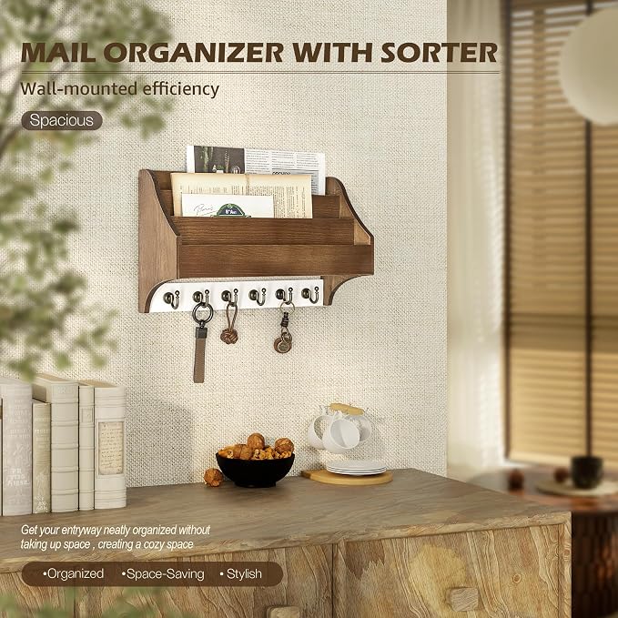 Rebee Vision Pine Wood Key Holder Wall Mount - Farmhouse 3-Tire Mail Holder with 6 Key Hooks for Home Decor- Multifunctional Wall Organizer for Hanging Letter (Brown&White)
