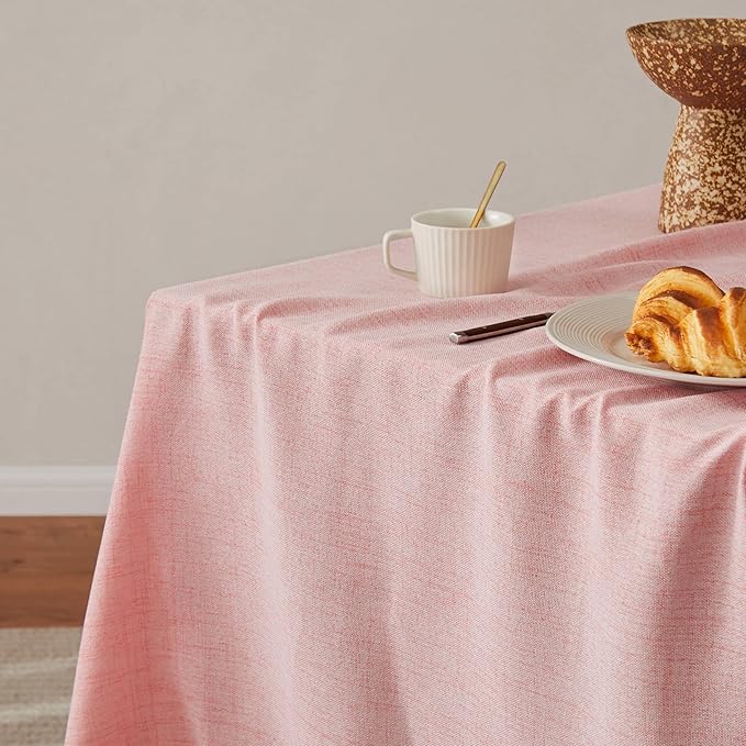 Linen Tablecloth with Tassels, Farmhouse Style Pink Tablecloth, Water Resistant Burlap Tablecloths for Square Table, 60x60 Inch Pink