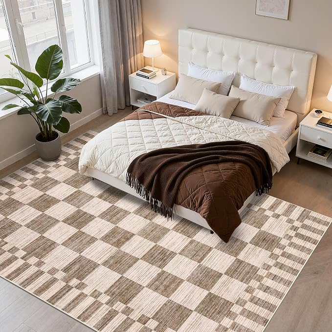 GarveeHome 8×10 Area Rugs for Living Room,Modern Brown Checkered Rug,Geometric Tan Brown Print Non-Slip Washable Farmhouse Checkerboard Rugs for Bedroom Dining Room Office
