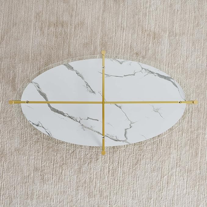 LumFurn Oval Glass Coffee Table, Mid-Century Modern Design, L43 x W22 x H17 inch, Surfboard Shaped Clear Glass Top and White Marble Finish Wood Shelf, Tapered Legs with Gold Finish Frame