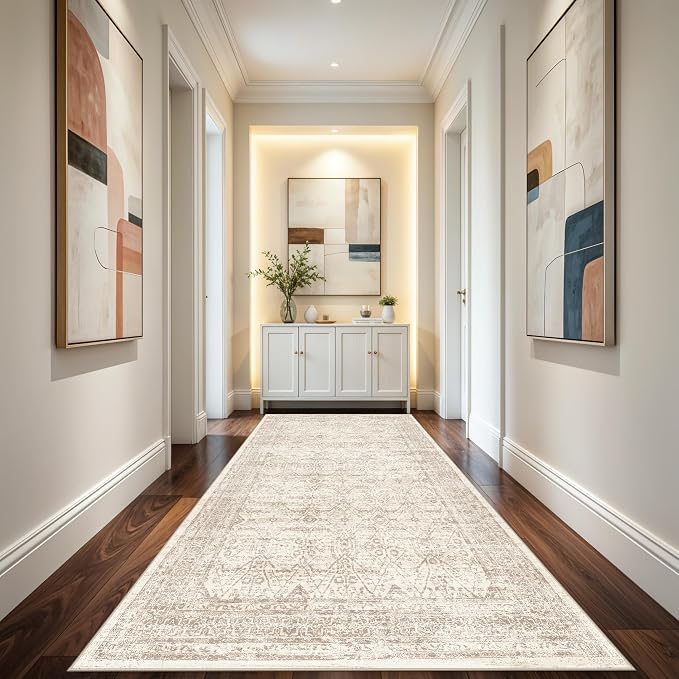 4x8 Rug Runner Indoor Kitchen Washable: Non Slip Area Rug for Entry Hallway Farmhouse Vintage Rug Runner for Bathroom Entryway Low Pile Soft Door Mat for Living Room Bedroom (Brown/Ivory 4'x8')