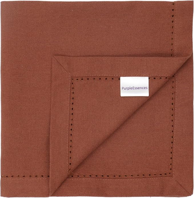 PurpleEssences Rust Set of 12 Hemstitch Cloth Dinner Napkins 100% Cotton - Soft Durable Washable - Ideal for Wedding Spring Easter Summer - Perfect Everyday Use Table Linen 18x18 - Rust