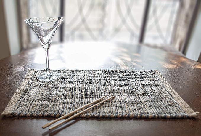 Chardin Home Natural Jute & Grey Placemats, Set of 4 – Rustic Handmade Boho Table Mats, 13x19 Inch Dining Table Placemats for Kitchen, Everyday Meals, Holidays, Farmhouse or Modern Table Décor