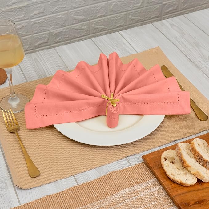 Blue Needles Set of 6 Hemstitch Linen Napkins 100% Cotton Salmon Cloth Dinner Napkins 18x18 inches - Spring Summer Easter - Soft, Reusable, Absorbent, Washable, Ideal for Parties & Everyday Use