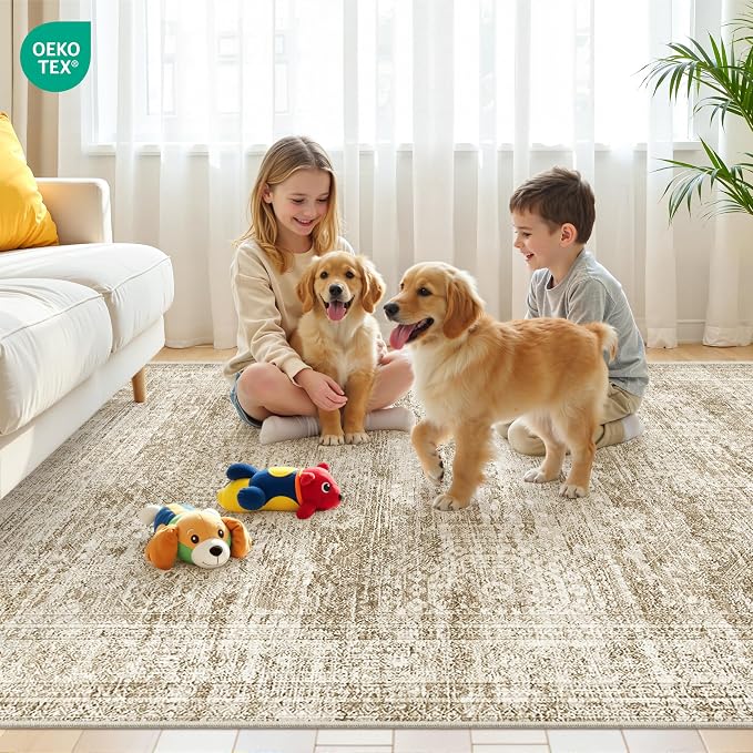 Area Rugs 4x6 for Living Room, Non-Slip Backing Small Kids Rugs for Bedroom, Vintage Abstract Rug Home Decor, Low Pile Soft Washable Rug for Kitchen, Dining Room(4'x6', Brown/Ivory)