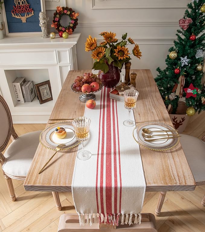 Caflife Christmas Table Runner 13 x 108 Inch for Dining Table, Boho décor Coffee Table Runner with Handcrafted Tassels, red and Beige Stripe Table Runner for Holiday, Winter