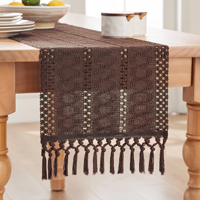 ZeeMart Macrame Style Boho Table Runner, Dark Brown Table Runners 72 Inches Long, Farmhouse Woven Home Decor, 12x72 Inch, Chocolate